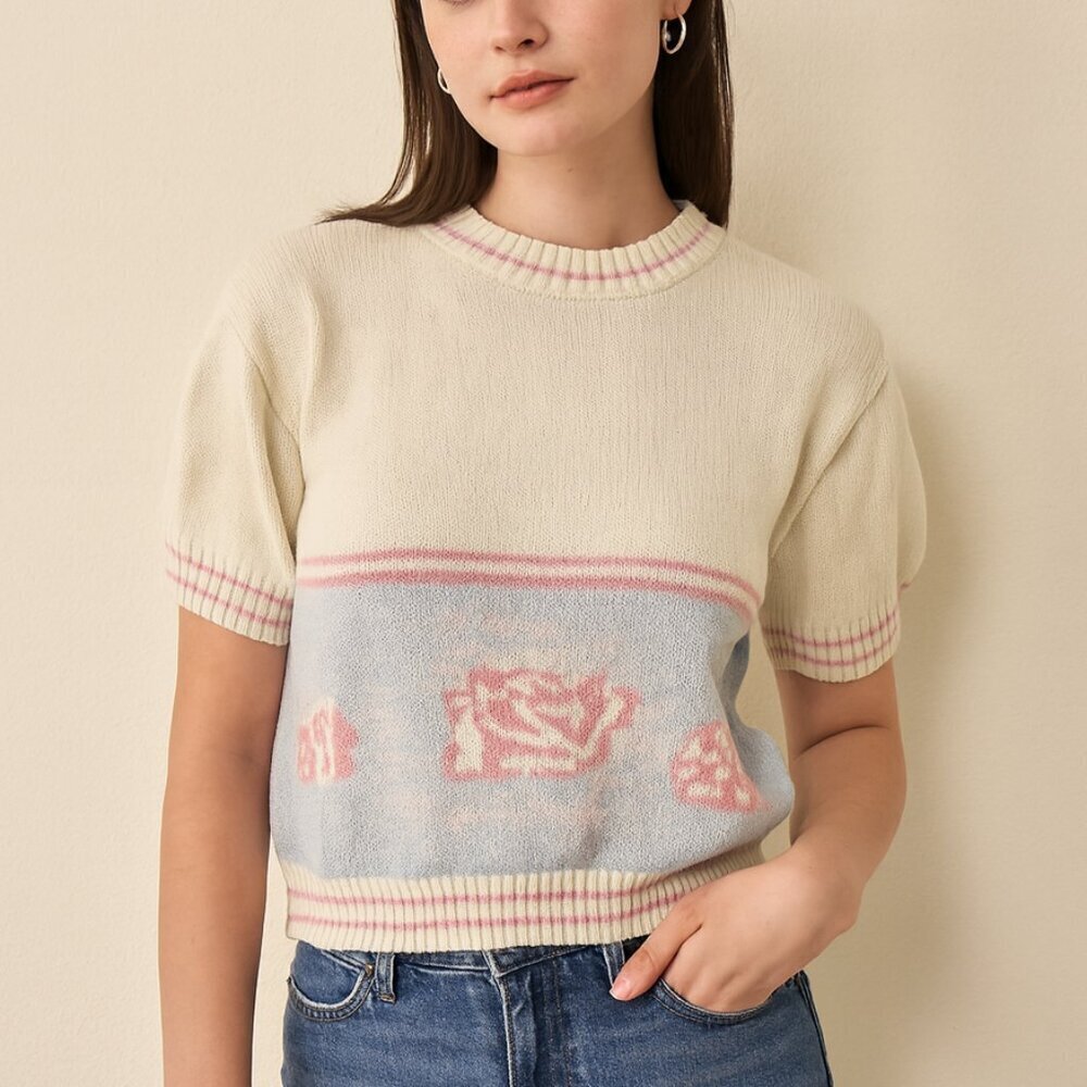 Vintage Rose Sweater Pastel Short Sleeve Knit Cottagecore Grannycore Size L